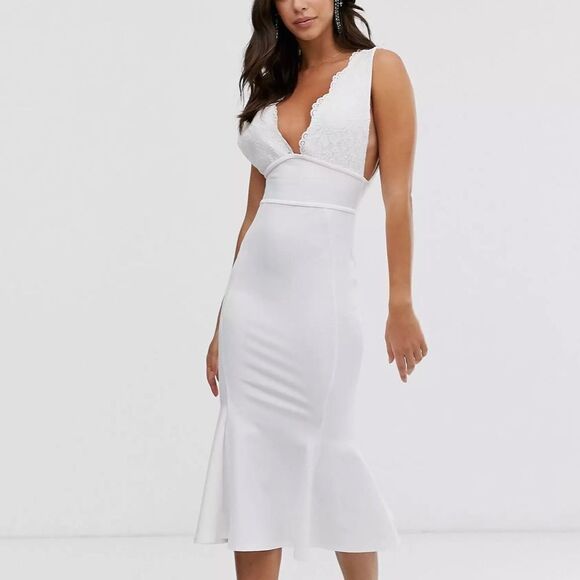 ASOS Plunge V Neck Lace Flounce Midi Dress  NWT - Picture 1 of 14